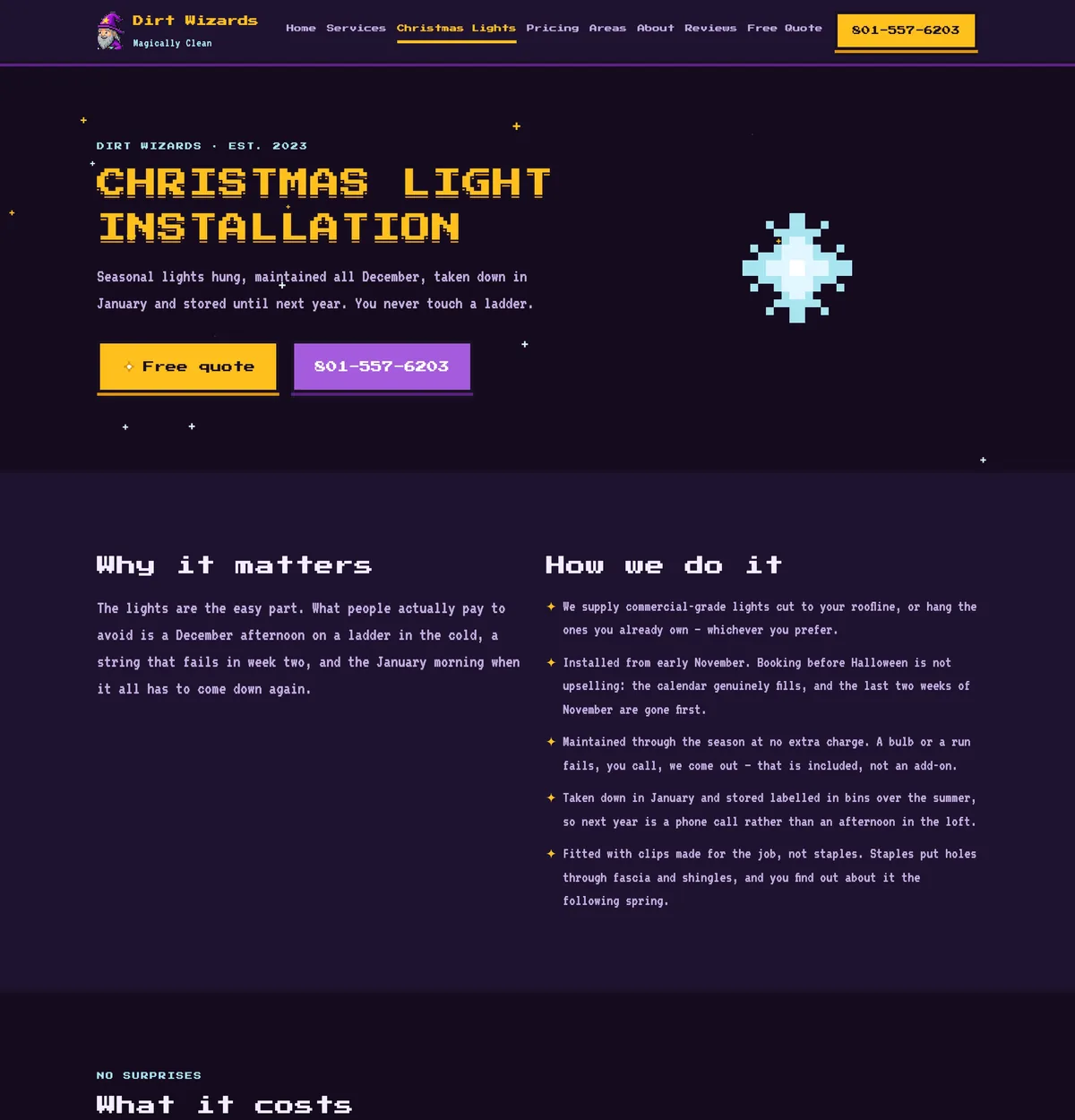 Long screenshot of the Dirt Wizards Christmas light installation page