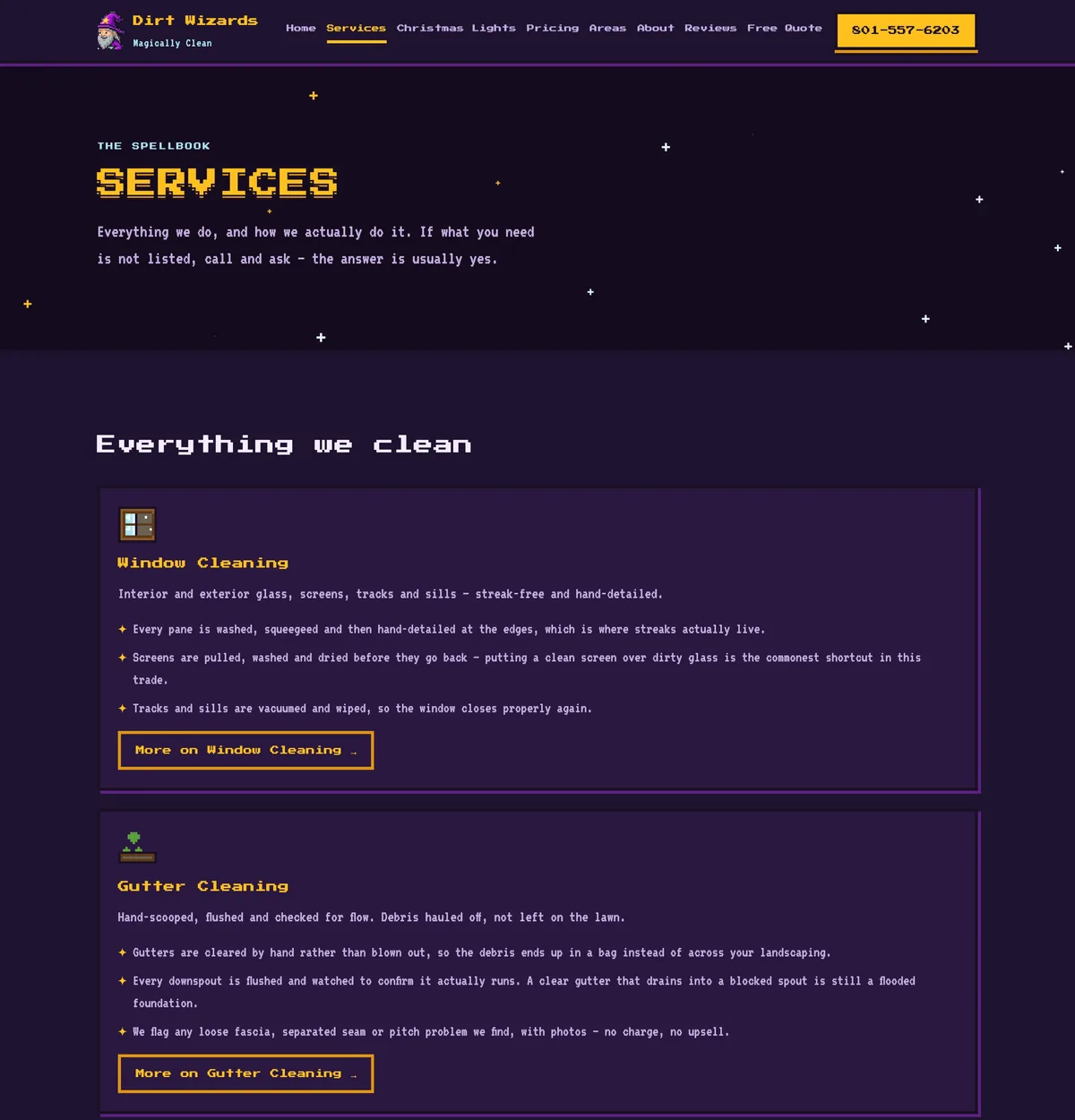 Long screenshot of Dirt Wizards services