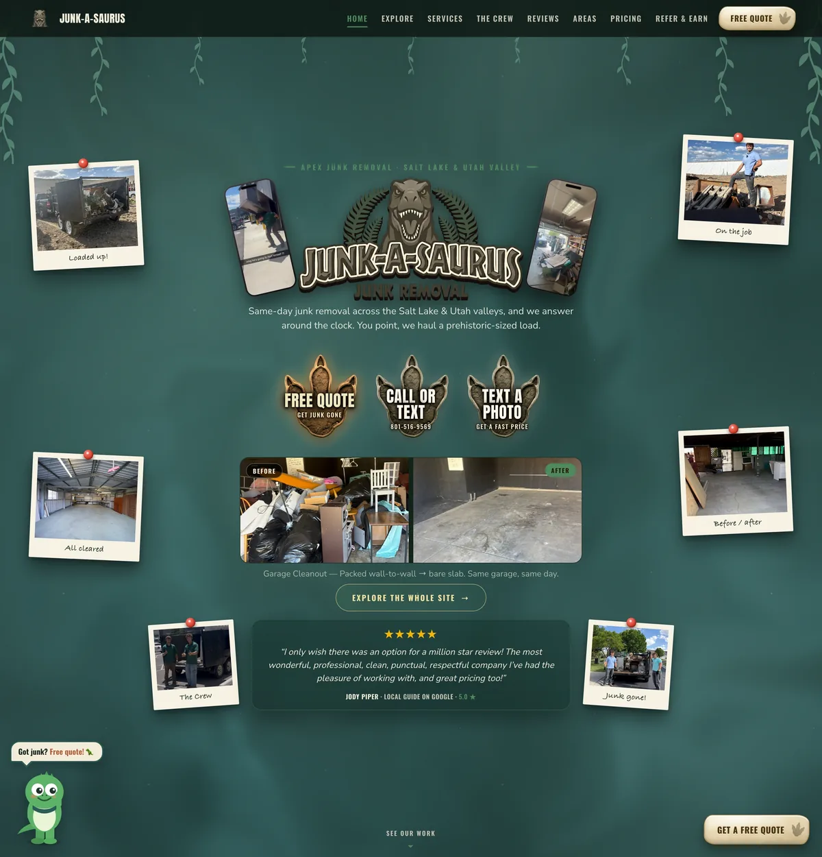 Long screenshot of the Junk-A-Saurus home page
