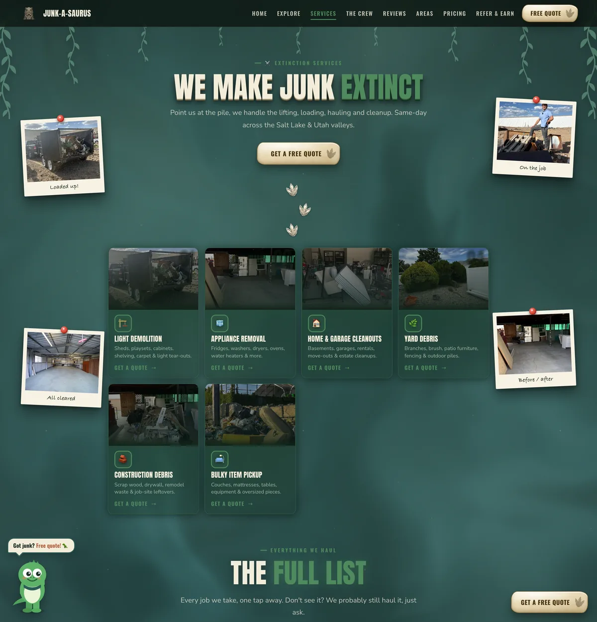 Long screenshot of Junk-A-Saurus services